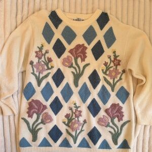 Alfred Dunner Cream Sweater with Blue and Purple Floral Design